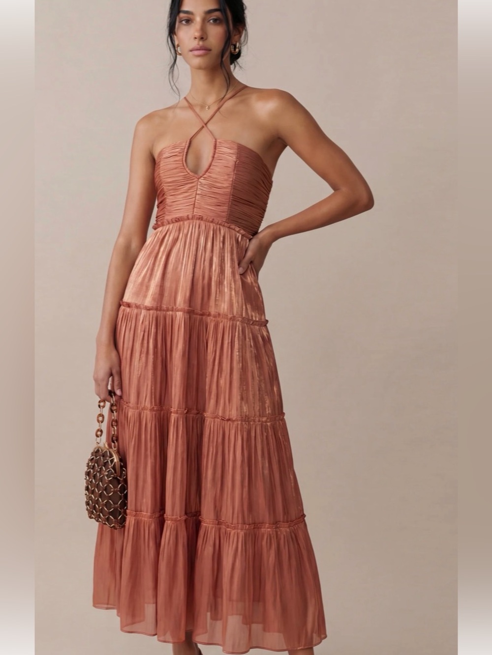 Opt East Dress, Strapless Ruched Tiered Maxi Dress in Copper Rose